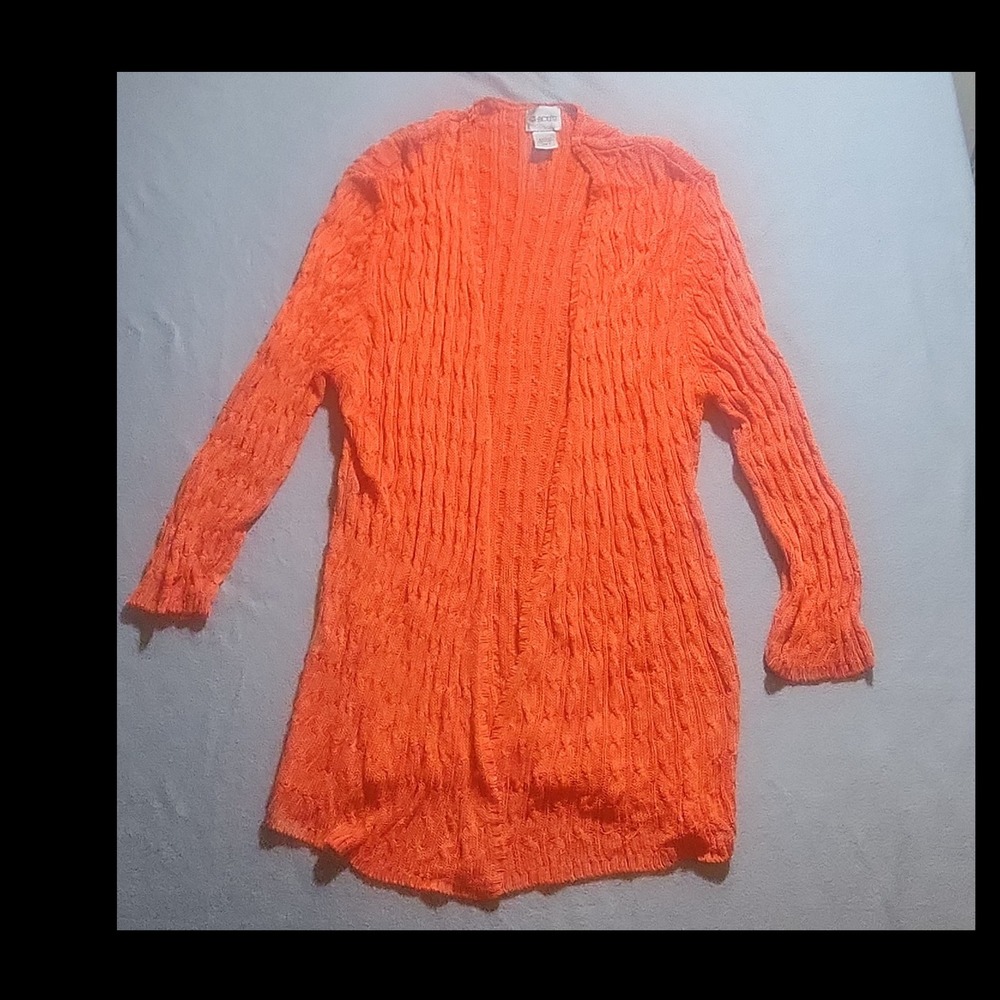 Chico's 80% Rayon Cable-Knit Orange Open Cardigan Sweater Size 3 Long Sleeve
